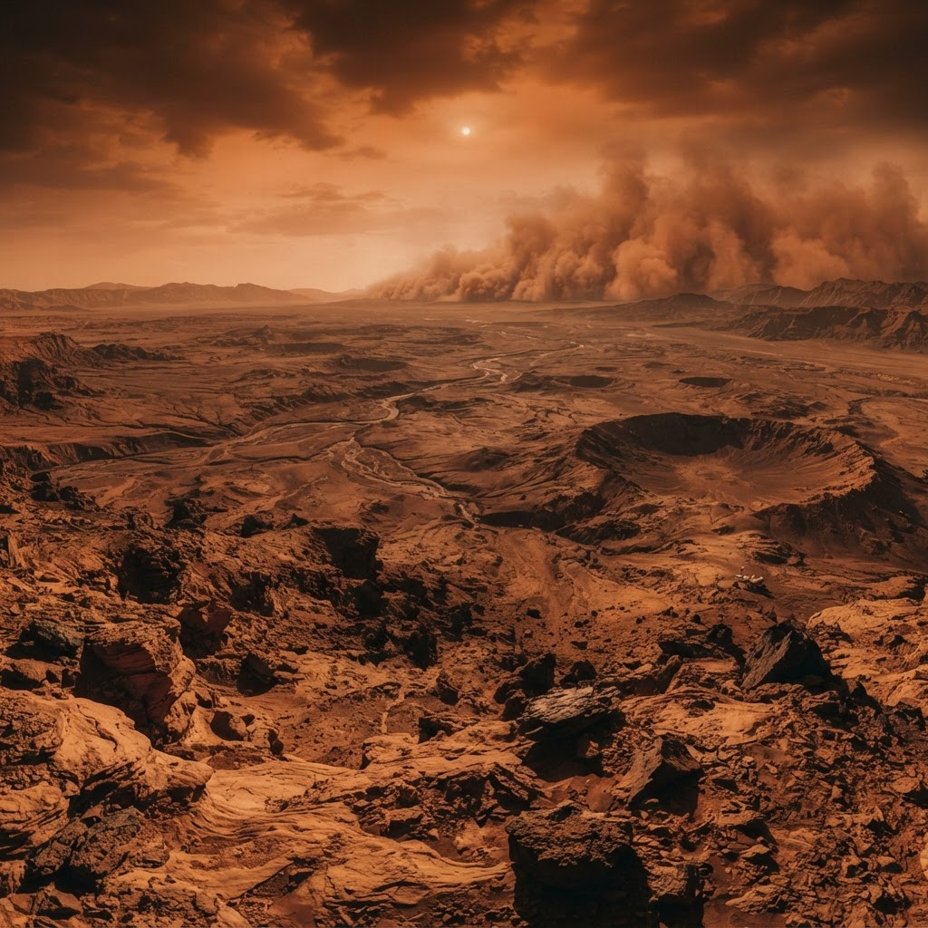Mars surface — red rocky terrain with dramatic dust storm