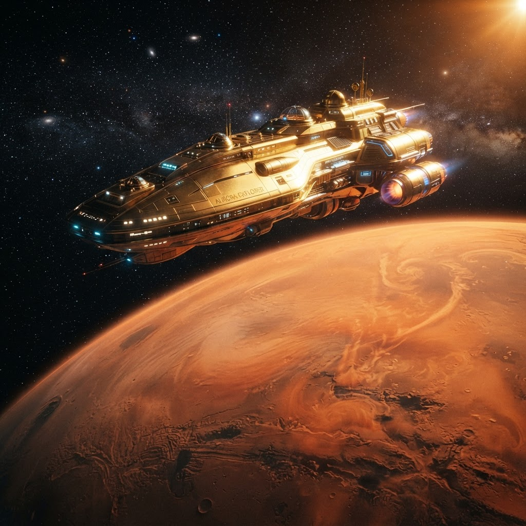 Futuristic spacecraft in orbit above Mars